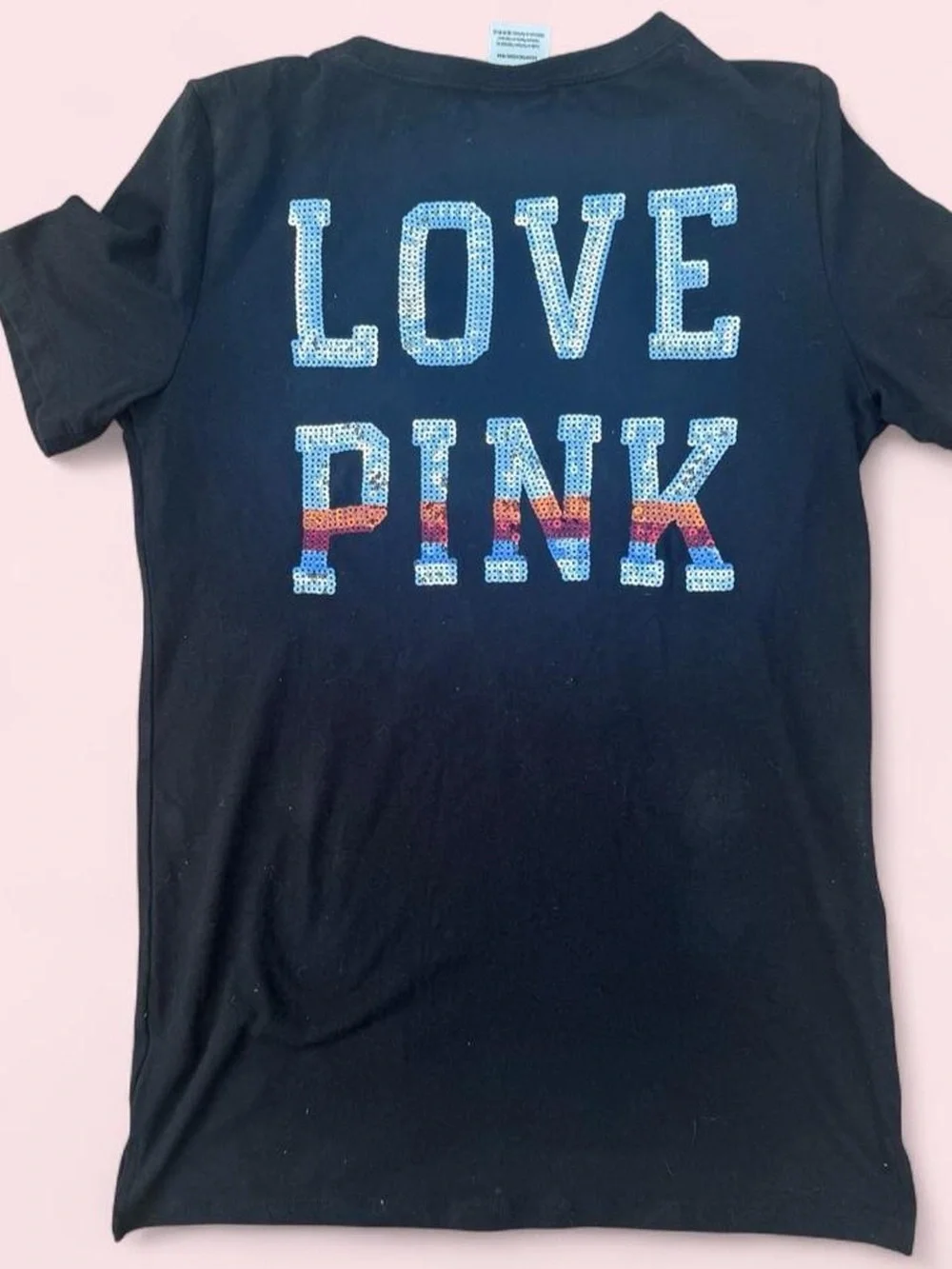 PINK Victoria's Secret Black Tee with Light Blue Dog Accent